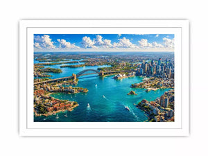 Sydney Harbour Bridge aerial cityscape coastal modern Canvas Print canvas with blue ocean skyline