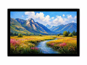 impressionist mountain meadow river landscape wall art canvas serene nature painting