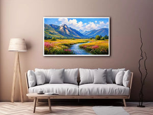 impressionist mountain meadow river landscape Canvas Print canvas serene nature painting