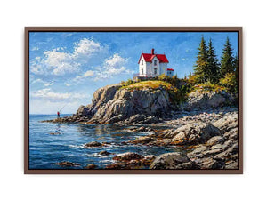 coastal lighthouse house Canvas Print canvas ocean cliff landscape serene painting