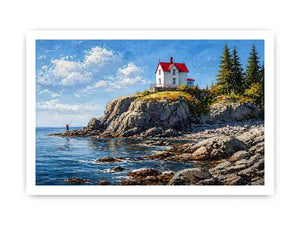 coastal lighthouse house Canvas Print canvas ocean cliff landscape serene painting
