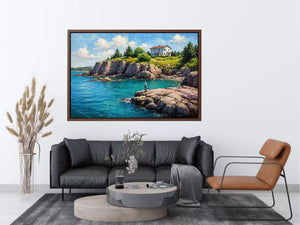 coastal fishing scene Canvas Print canvas turquoise ocean cliff landscape painting