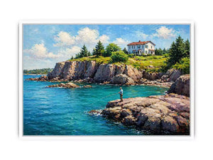 coastal fishing scene Canvas Print canvas turquoise ocean cliff landscape painting