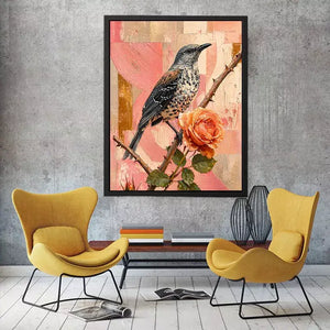 modern bird and rose Canvas Print canvas floral botanical painting pink decor