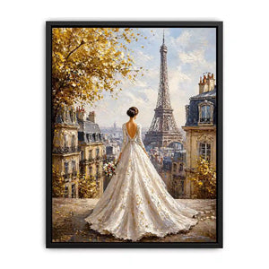 Elegant Paris bride painting with Eiffel Tower view, romantic France Canvas Print