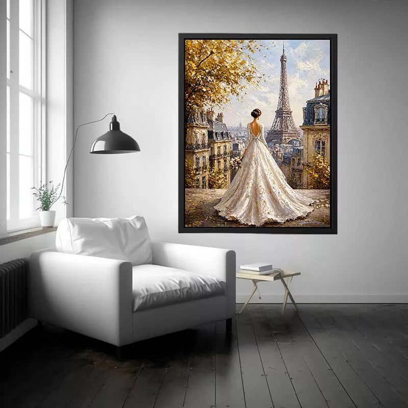 Elegant Paris bride painting with Eiffel Tower view, romantic France Canvas Print