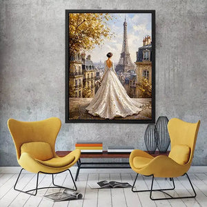 Elegant Paris bride painting with Eiffel Tower view, romantic France Canvas Print