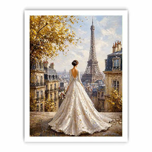 Elegant Paris bride painting with Eiffel Tower view, romantic France Canvas Print