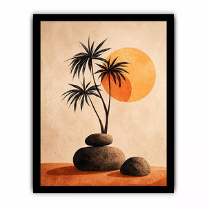 Minimalist desert sunset Canvas Print with palm trees and stones, boho neutral decor