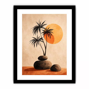 Minimalist desert sunset Canvas Print with palm trees and stones, boho neutral decor