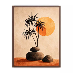 Minimalist desert sunset Canvas Print with palm trees and stones, boho neutral decor