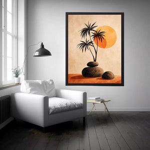 Minimalist desert sunset Canvas Print with palm trees and stones, boho neutral decor