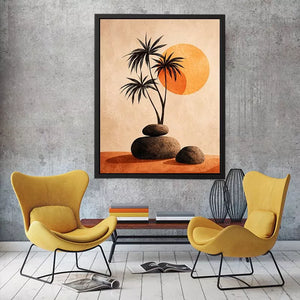 Minimalist desert sunset Canvas Print with palm trees and stones, boho neutral decor