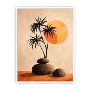 Minimalist desert sunset Canvas Print with palm trees and stones, boho neutral decor