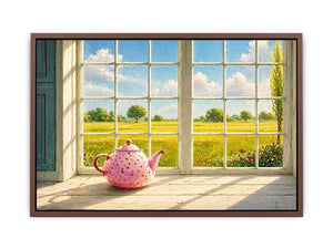 Sunlit window teapot painting with countryside view, cozy cottage kitchen Canvas Print