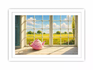 Sunlit window teapot painting with countryside view, cozy cottage kitchen Canvas Print
