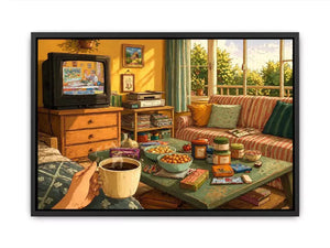 Cozy living room illustration with coffee cup and retro TV, aesthetic home decor