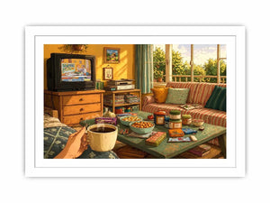 Cozy living room illustration with coffee cup and retro TV, aesthetic home decor