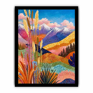 Colorful abstract mountain landscape wall art with florals, modern decor for homes in California, Paris, Sydney interiors