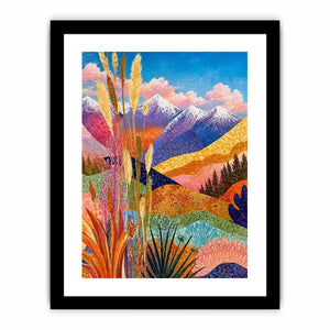 Colorful abstract mountain landscape wall art with florals, modern decor for homes in California, Paris, Sydney interiors