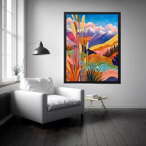 Colorful abstract mountain landscape wall art with florals, modern decor for homes in California, Paris, Sydney interiors