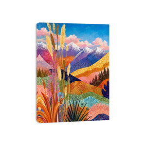 Colorful abstract mountain landscape wall art with florals, modern decor for homes in California, Paris, Sydney interiors