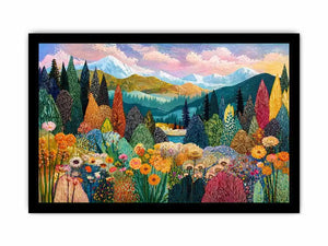 Colorful forest meadow landscape wall art with mountains and flowers, modern decor for homes in California, Vancouver, Switzerland interiors