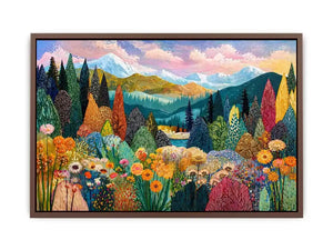 Colorful forest meadow landscape wall art with mountains and flowers, modern decor for homes in California, Vancouver, Switzerland interiors