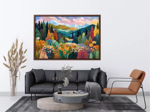 Colorful forest meadow landscape wall art with mountains and flowers, modern decor for homes in California, Vancouver, Switzerland interiors