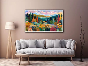 Colorful forest meadow landscape wall art with mountains and flowers, modern decor for homes in California, Vancouver, Switzerland interiors