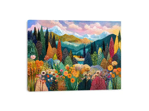 Colorful forest meadow landscape wall art with mountains and flowers, modern decor for homes in California, Vancouver, Switzerland interiors