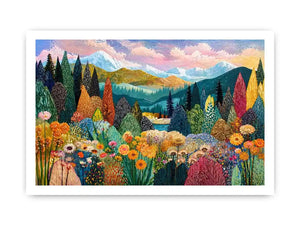 Colorful forest meadow landscape wall art with mountains and flowers, modern decor for homes in California, Vancouver, Switzerland interiors