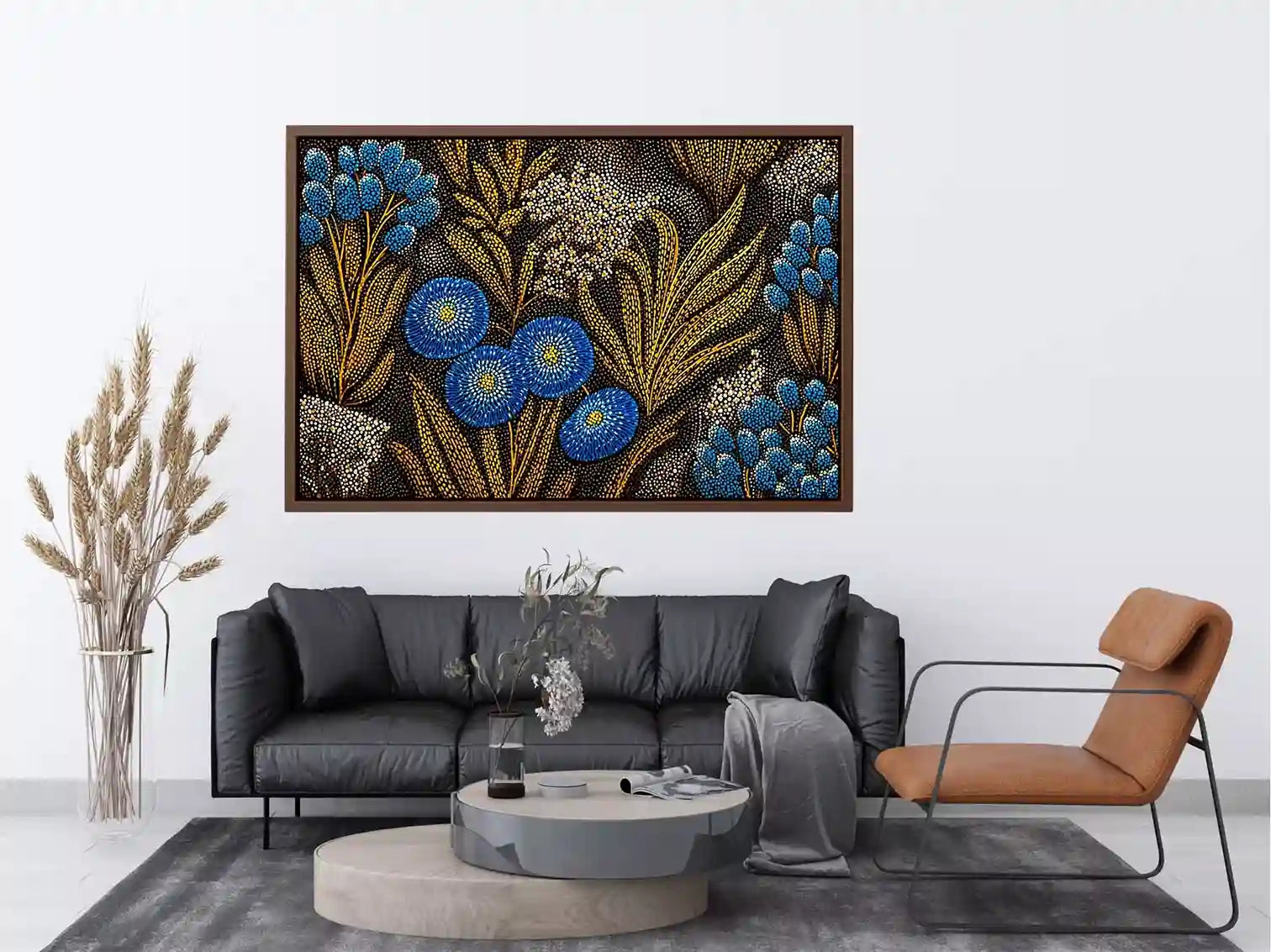 Blue and gold botanical dot pattern Canvas Print, luxury modern decor