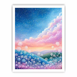 Dreamy pastel sky landscape Canvas Print with floating floral elements, calming decor