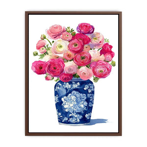watercolor floral vase Canvas Print with pink ranunculus flowers in blue porcelain elegant soft pastel Canvas Print