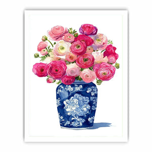 watercolor floral vase Canvas Print with pink ranunculus flowers in blue porcelain elegant soft pastel Canvas Print