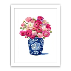 watercolor floral vase Canvas Print with pink ranunculus flowers in blue porcelain elegant soft pastel Canvas Print