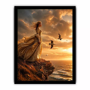 Vintage woman standing on ocean cliff at sunset Canvas Print, dramatic coastal decor