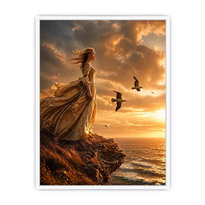 Vintage woman standing on ocean cliff at sunset Canvas Print, dramatic coastal decor