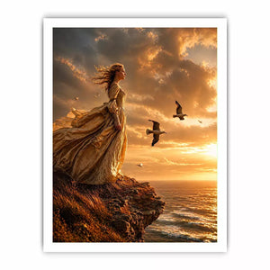 Vintage woman standing on ocean cliff at sunset Canvas Print, dramatic coastal decor