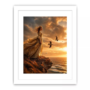Vintage woman standing on ocean cliff at sunset Canvas Print, dramatic coastal decor