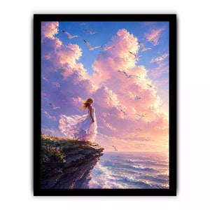 Dreamy woman standing on cliff with birds and pastel sky Canvas Print, calming decor