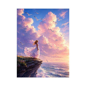 Dreamy woman standing on cliff with birds and pastel sky Canvas Print, calming decor