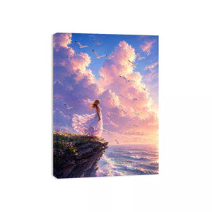 Dreamy woman standing on cliff with birds and pastel sky Canvas Print, calming decor