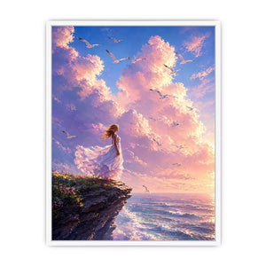 Dreamy woman standing on cliff with birds and pastel sky Canvas Print, calming decor