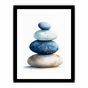 Minimalist blue zen stone stack watercolor wall art, calming Japandi decor for homes in Japan, California, Scandinavian interiors