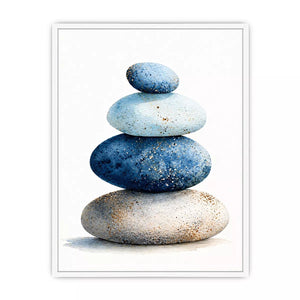 Minimalist blue zen stone stack watercolor wall art, calming Japandi decor for homes in Japan, California, Scandinavian interiors