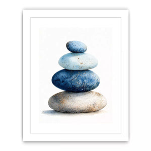 Minimalist blue zen stone stack watercolor wall art, calming Japandi decor for homes in Japan, California, Scandinavian interiors
