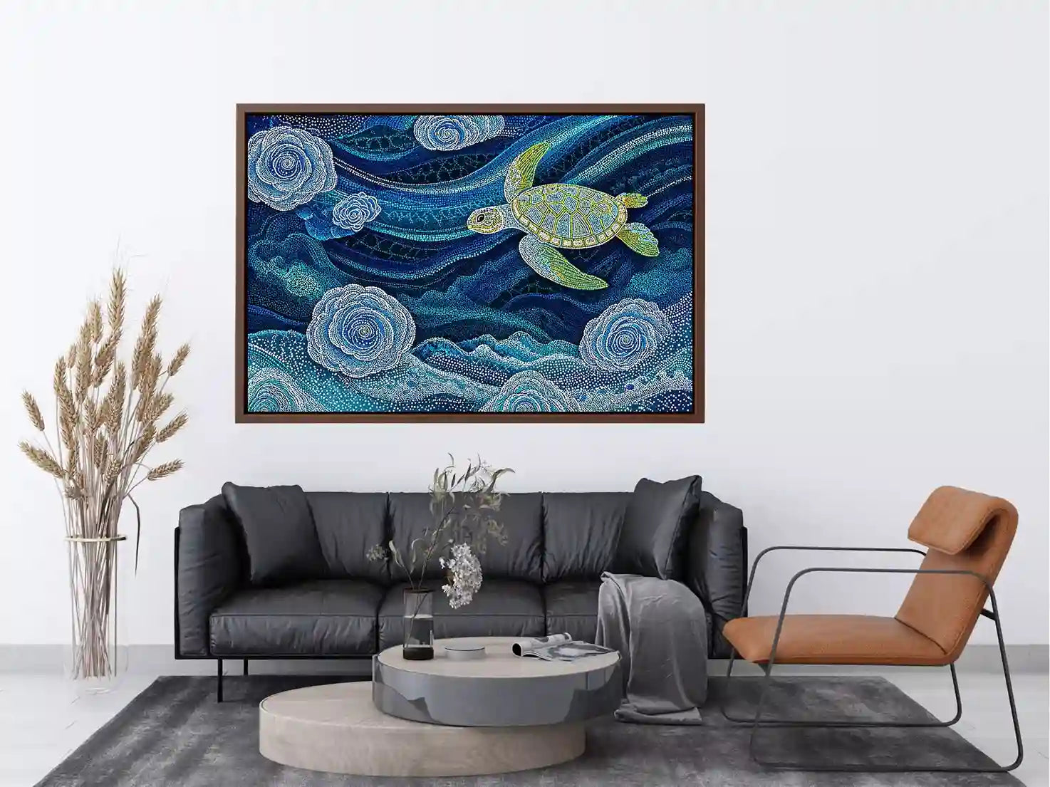 teal ocean turtle Canvas Print, coastal turtle canvas painting, abstract ocean sea life artwork, marine turtle dot painting