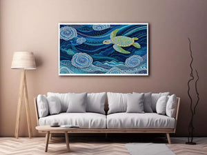 teal ocean turtle Canvas Print, coastal turtle canvas painting, abstract ocean sea life artwork, marine turtle dot painting